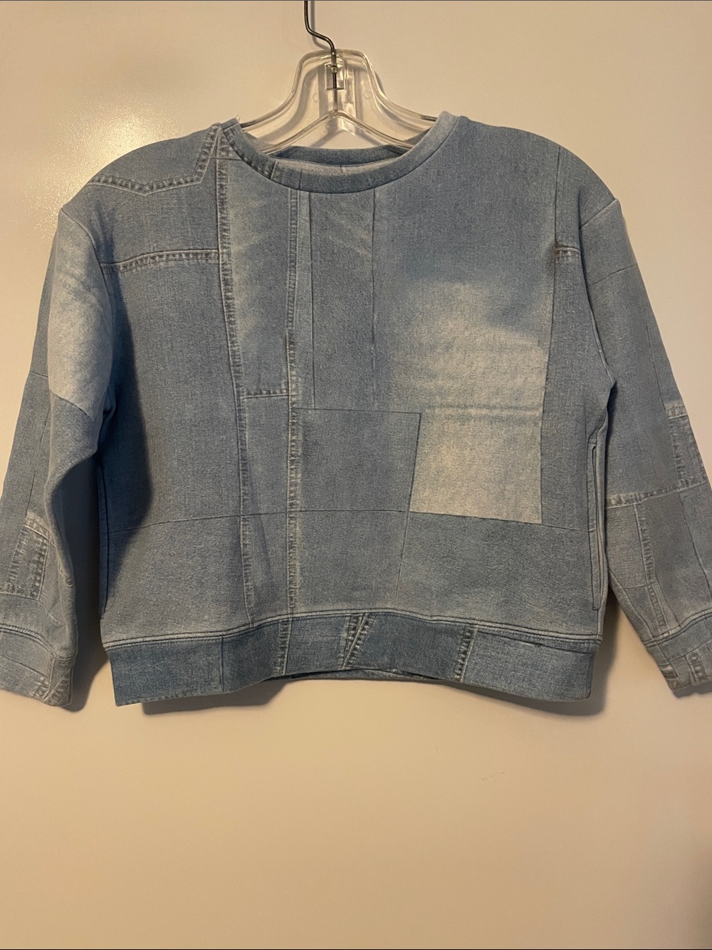 HUGO Boys Patchwork Denim Print Sweatshirt Size 8 (126cm) Blue Pocket Crewneck